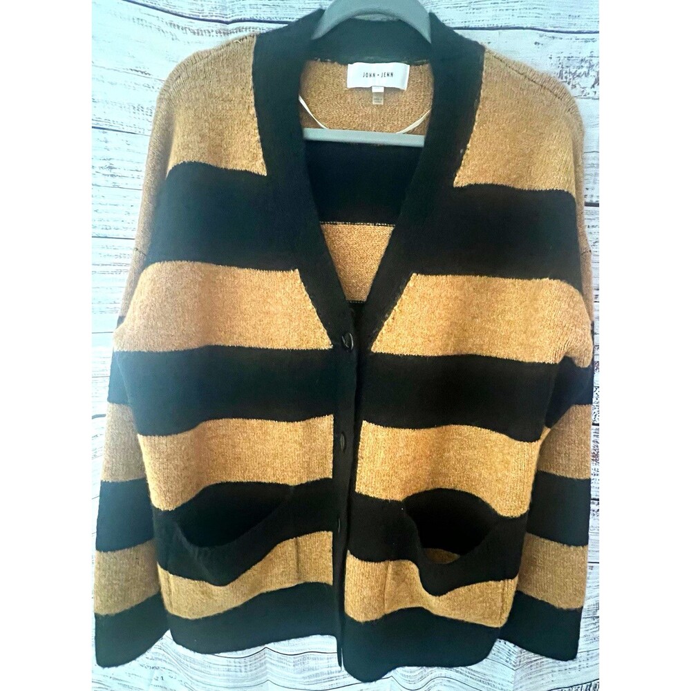 John + Jenn Striped Chunky Knit Cardigan Sweater Size M Camel Tan Black -Buttons